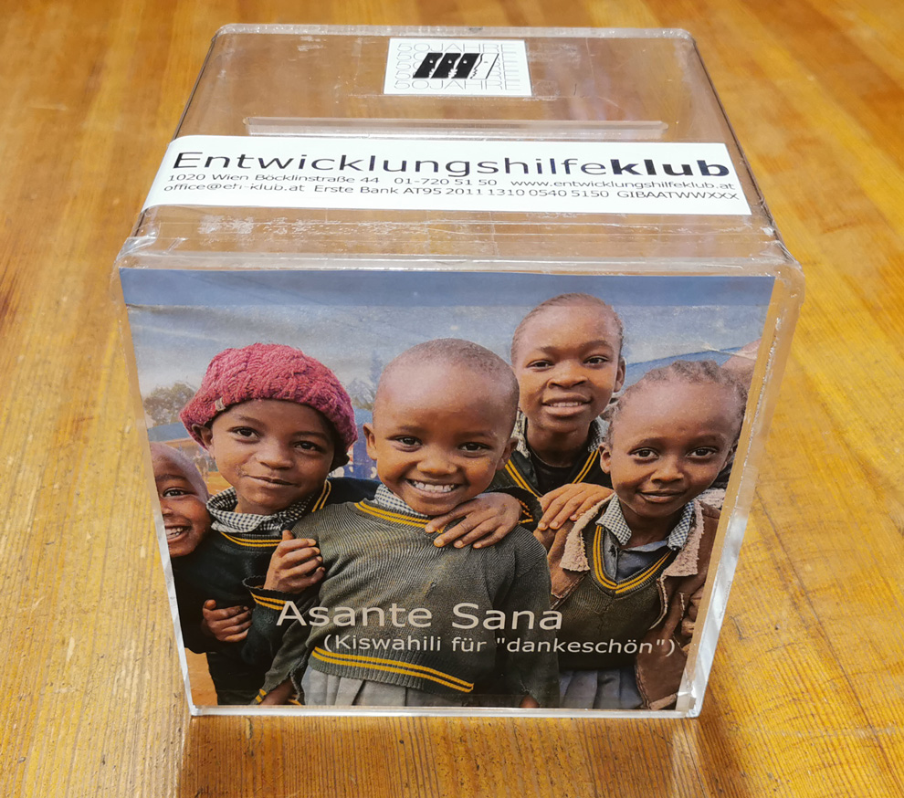 Spendenbox des Entwicklungshilfeklub