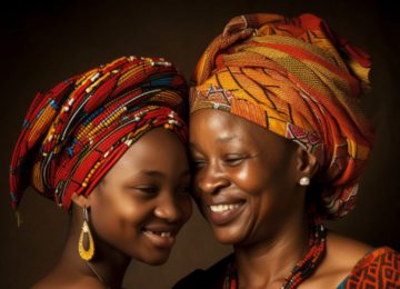Lächelnde afrikanische Frau und afrikanisches Mädchen, die durch unser Projekt "Tage wie diese" Periodenunterwäsche erhalten.