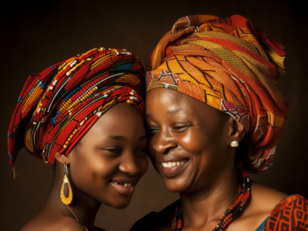 Lächelnde afrikanische Frau und afrikanisches Mädchen, die durch unser Projekt "Tage wie diese" Periodenunterwäsche erhalten.