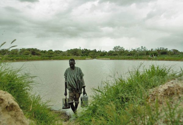 Wenn der Bouli gefüllt ist und die Gemüsegärten angelegt sind, wird das Wasser für die Saat und die Pflanzen mit Gießkannen herbeigeholt.
© Misereor/UFC Dori Mann holt Wasser mit Gießkannen vom Wasserreservoir
