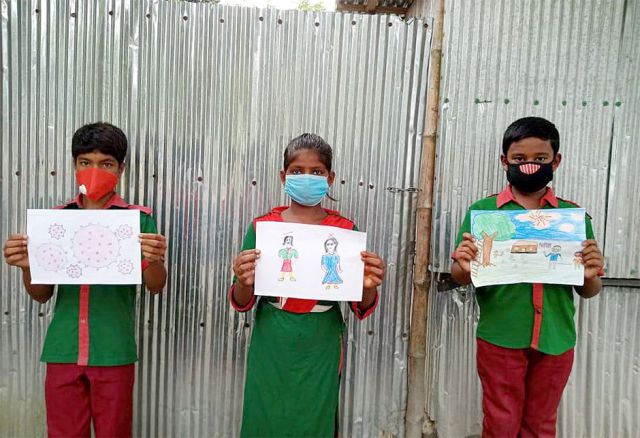 Um die drastischen Änderungen
in ihrer Lebens- und Schulwelt aufgrund der Pandemie
seelisch verarbeiten zu können,
wurden die Kinder
gebeten, diese zu zeichnen.
(c) Netz Bildung, Armut, Schule, Kinder, Bangladesch, Asien, Hunger